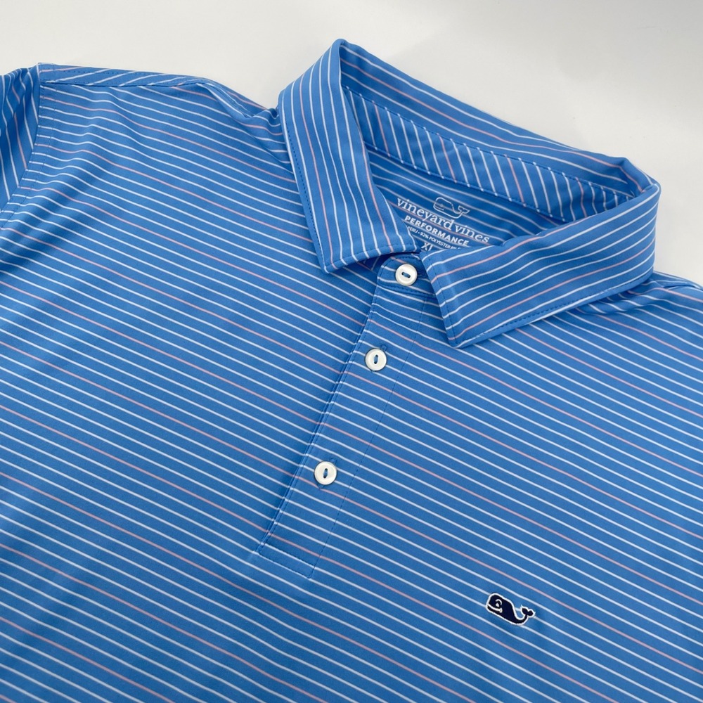 Vineyard Vines Polo Shirt Mens XL Blue Striped Performance Short Sleeve Whale